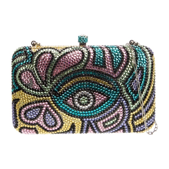 Designer Crystal Embellished Multicolor Evening Minaudière Clutch - Picture 3 of 4